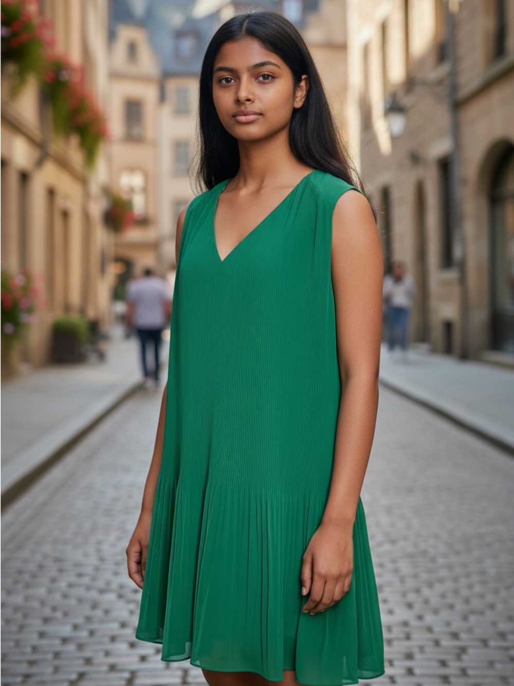 H&M Emerald Green V-Neck Pleated Mini Dress